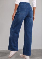 Denim Blue bottoms,Plain Color bottoms,ROTITA Denim Blue Straight Leg Elastic Waist High Waisted Jeans