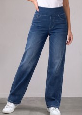 Denim Blue bottoms,Plain Color bottoms,ROTITA Denim Blue Straight Leg Elastic Waist High Waisted Jeans