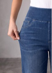 Denim Blue bottoms,Plain Color bottoms,ROTITA Denim Blue Straight Leg Elastic Waist High Waisted Jeans
