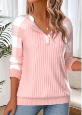 Light Pink tops,Plaid tops,Geometric tops,ROTITA Button Plaid Light Pink Round Neck Long Sleeve Sweatshirt