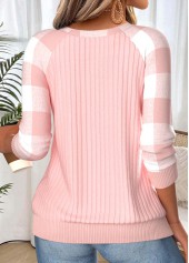 Light Pink tops,Plaid tops,Geometric tops,ROTITA Button Plaid Light Pink Round Neck Long Sleeve Sweatshirt