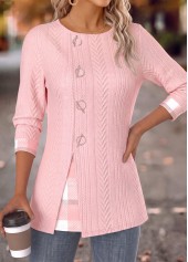 Light Pink tops,Plaid tops,Geometric tops,ROTITA Plaid Light Pink Round Neck Fake Two Piece Twinset