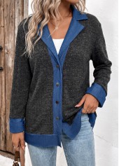Black tops,Contrast Color tops,Tummy Coverage Black Lapel Long Sleeve Coat