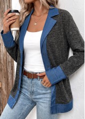 Black tops,Contrast Color tops,Tummy Coverage Black Lapel Long Sleeve Coat