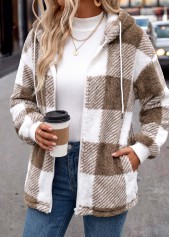 Light Coffee tops,Plaid tops,Geometric tops,Double Side Pockets Plaid Light Coffee Hooded Coat