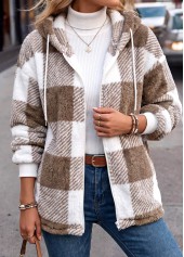 Double Side Pockets Plaid Light Coffee Hooded Coat