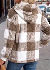 Light Coffee tops,Plaid tops,Geometric tops,Double Side Pockets Plaid Light Coffee Hooded Coat