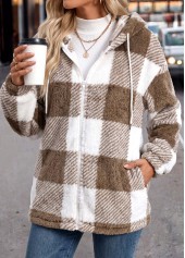 Light Coffee tops,Plaid tops,Geometric tops,Double Side Pockets Plaid Light Coffee Hooded Coat