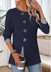 Navy tops,Striped tops,Geometric tops,ROTITA Patchwork Striped Navy Round Neck Long Sleeve Blouse