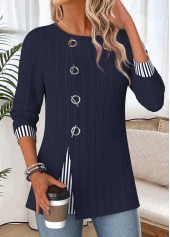 ROTITA Patchwork Striped Navy Round Neck Long Sleeve Blouse