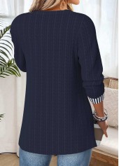 Navy tops,Striped tops,Geometric tops,ROTITA Patchwork Striped Navy Round Neck Long Sleeve Blouse