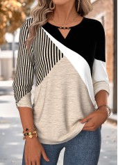 ROTITA Shirred Geometric Print Light Coffee 3/4 Sleeve Blouse