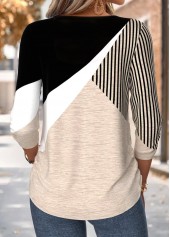 Light Coffee tops,Geometric tops,ROTITA Shirred Geometric Print Light Coffee 3/4 Sleeve Blouse