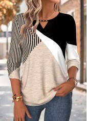 Light Coffee tops,Geometric tops,ROTITA Shirred Geometric Print Light Coffee 3/4 Sleeve Blouse