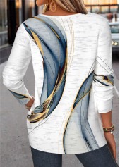 White tops,Geometric tops,ROTITA Curved Hem Geometric Print White Split Neck T Shirt