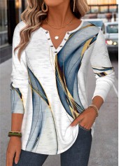 ROTITA Curved Hem Geometric Print White Split Neck T Shirt