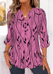 ROTITA Curved Hem Leaf Print Violet Split Neck Shirt