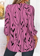 Violet tops,Plants tops,ROTITA Curved Hem Leaf Print Violet Split Neck Shirt
