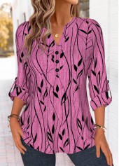 Violet tops,Plants tops,ROTITA Curved Hem Leaf Print Violet Split Neck Shirt