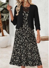 ROTITA Black Ditsy Floral Print Two-piece Dress and Cardigan