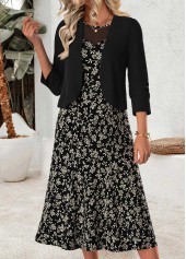 Black dresses,Ditsy Floral dresses,Everyday dresses,Casual dresses,ROTITA Black Ditsy Floral Print Two-piece Dress and Cardigan