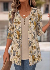 ROTITA Floral Print Light Camel Fake Two Piece Twinset