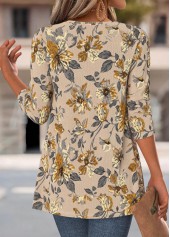 Light Camel tops,Floral tops,Plants tops,ROTITA Floral Print Light Camel Fake Two Piece Twinset