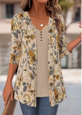 Light Camel tops,Floral tops,Plants tops,ROTITA Floral Print Light Camel Fake Two Piece Twinset