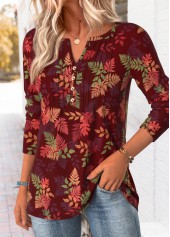 Red tops,Plants tops,ROTITA Tummy Coverage Leaf Print Red Split Neck T Shirt