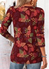 Red tops,Plants tops,ROTITA Tummy Coverage Leaf Print Red Split Neck T Shirt