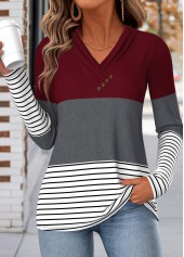 ROTITA Shirred Geometric Print Wine Red V Neck T Shirt