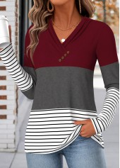 Wine Red tops,Geometric tops,ROTITA Shirred Geometric Print Wine Red V Neck T Shirt