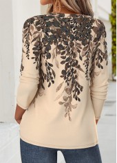 Light Coffee tops,Floral tops,Plants tops,ROTITA Curved Hem Floral Print Light Coffee T Shirt
