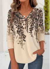 ROTITA Curved Hem Floral Print Light Coffee T Shirt