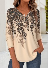 Light Coffee tops,Floral tops,Plants tops,ROTITA Curved Hem Floral Print Light Coffee T Shirt