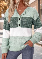 ROTITA Tummy Coverage Striped Mint Green Split Neck Sweatshirt