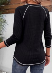 Black tops,Contrast Color tops,ROTITA Patchwork Black Split Neck Long Sleeve T Shirt
