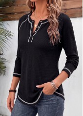 Black tops,Contrast Color tops,ROTITA Patchwork Black Split Neck Long Sleeve T Shirt
