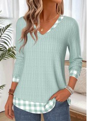 Green tops,Plaid tops,Geometric tops,ROTITA Fake 2in1 Plaid Green V Neck T Shirt