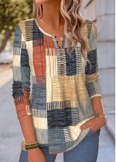 Multi Color tops,Geometric tops,ROTITA Tuck Stitch Geometric Print Multi Color T Shirt