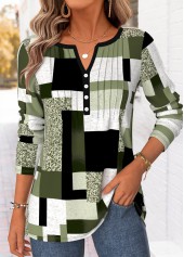 ROTITA Curved Hem Geometric Print Green Split Neck T Shirt