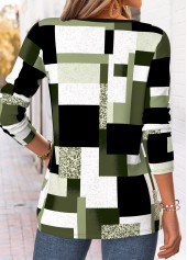 Green tops,Geometric tops,ROTITA Curved Hem Geometric Print Green Split Neck T Shirt