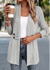 Light Grey tops,Plain Color tops,ROTITA Button Light Grey Long Sleeve Coat