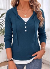 ROTITA Fake 2in1 Peacock Blue Hooded Long Sleeve Sweater