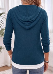 Peacock Blue tops,Contrast Color tops,ROTITA Fake 2in1 Peacock Blue Hooded Long Sleeve Sweater
