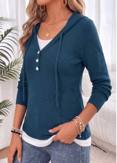 Peacock Blue tops,Contrast Color tops,ROTITA Fake 2in1 Peacock Blue Hooded Long Sleeve Sweater
