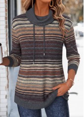 ROTITA Double Side Pockets Multi Stripe Print Dark Grey Sweatshirt
