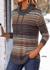 Dark Grey tops,Striped tops,Geometric tops,ROTITA Double Side Pockets Multi Stripe Print Dark Grey Sweatshirt