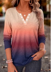 ROTITA Shirred Ombre Multi Color Split Neck T Shirt