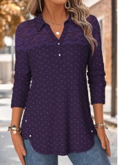 ROTITA Patchwork Purple Shirt Collar Long Sleeve Blouse